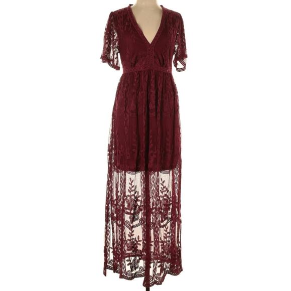 Red Wine Merlot Lace Deep V Plunge Medium Romper - Picture 2 of 3